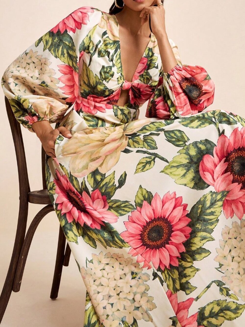 Multicolor Boho Women's V-Neck Long Sleeve Twist Knot Dress with Tropical Print
